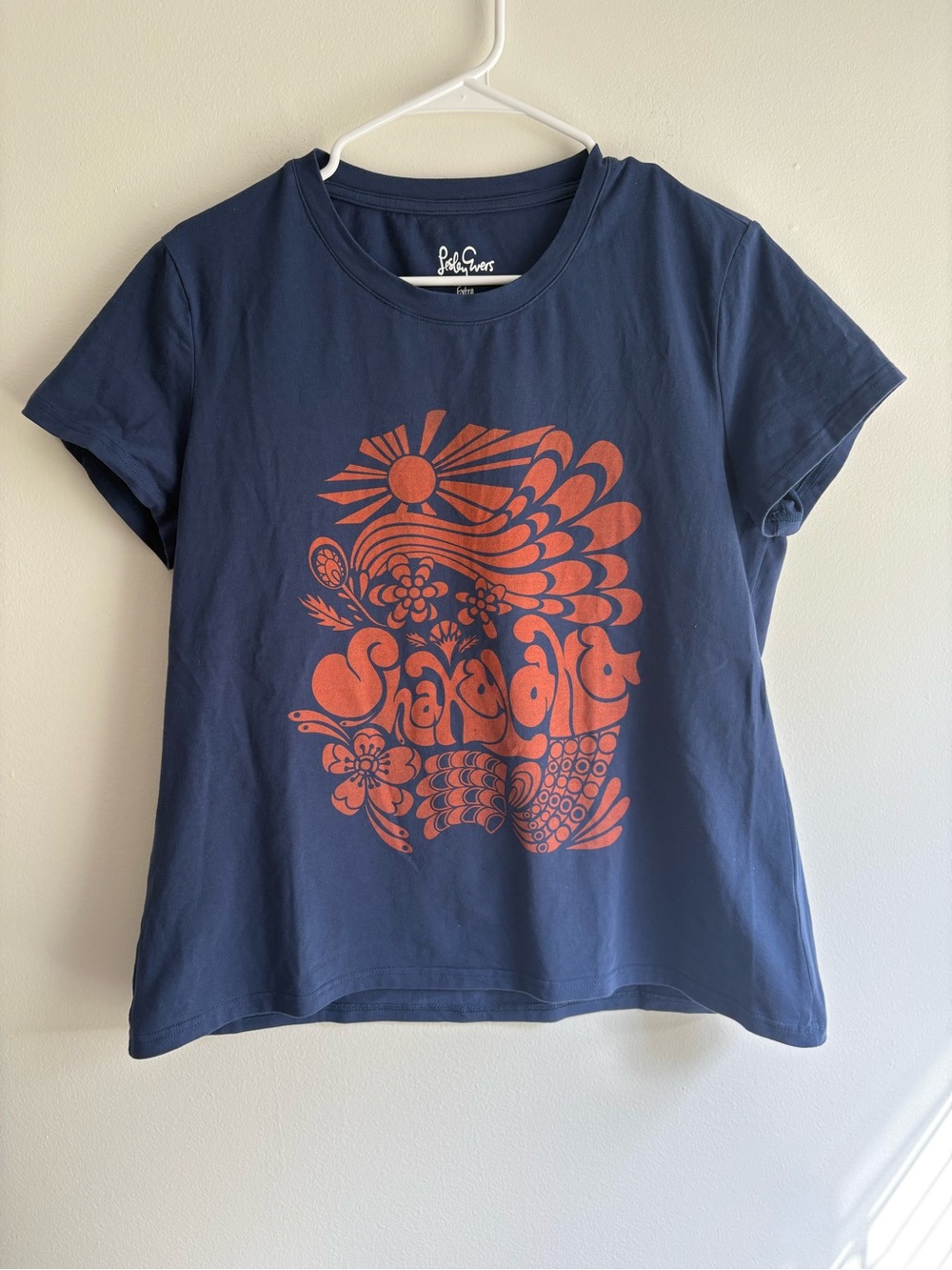 Lesley Evers Navy Graphic Tee with Orange Print, Size XL
